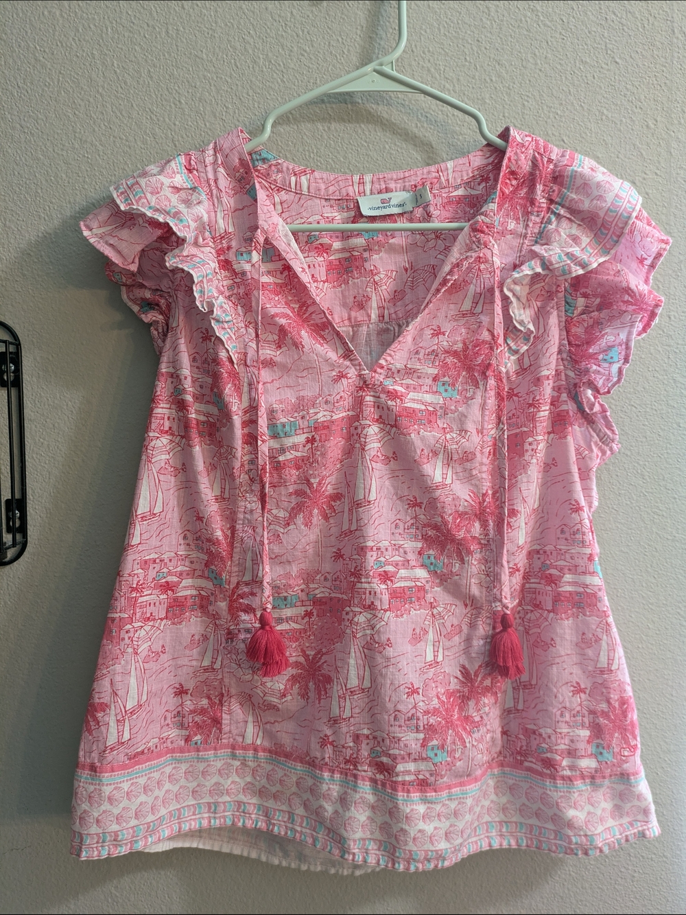 Vineyard Vines Pink Printed Ruffle Tie-Front Tunic